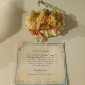 Cherished Teddies Beary Christmas Ornament with Red and Cream Accents